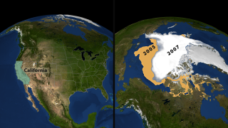 This image shows the 2005 minimum sea ice (in orange) compared to the 2007 minimum sea ice (in white). The difference in the minimum ice extent between 2005 and 2007 vastly exceeds the area of the state of California.