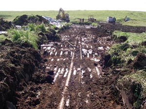 A fuel pipeline is exposed underneath tundra grass, while workers discuss the site in the background.