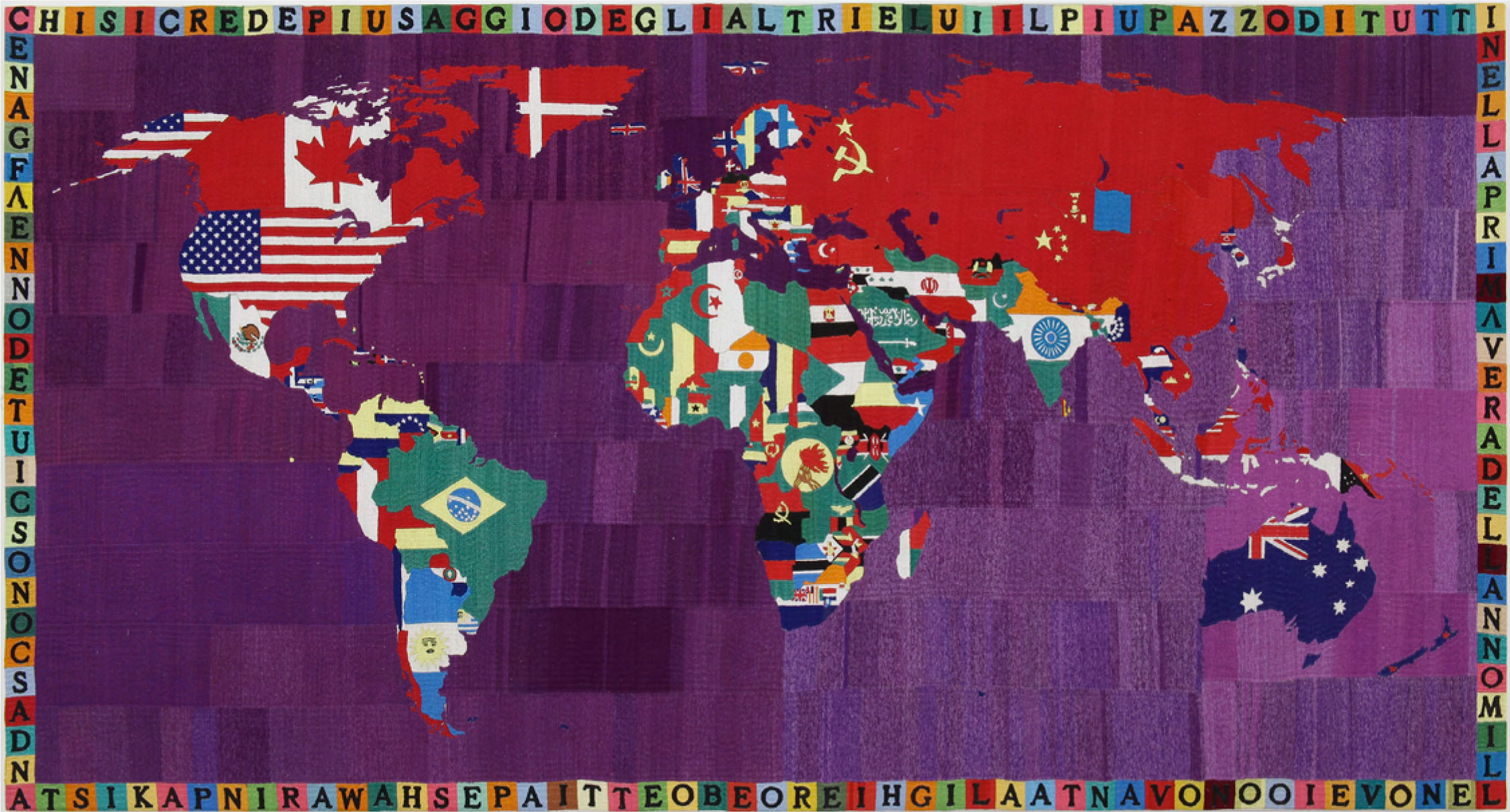 Alighiero Boetti Mappa, 1990
Embroidery on fabric 118.1 x 229.3 cm Private Collection, Rome Photograph by David Regen, New York © Alighiero Boetti Estate by Artists Rights Society (ARS) and Società Italiana di Autori ed Editori (SIAE) 2011 Courtesy Fondazione Alighiero e Boetti, Rome