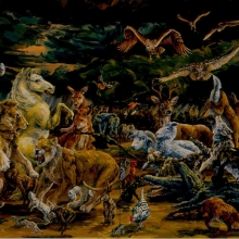 Melissa Miller, The Ark, 1986,  Oil on linen, two panels  Overall 67 x 168 inches (170.2 x 426.2 cm)  Collection of the Modern Art Museum of Fort Worth,  Museum purchase, The Benjamin J. Tillar Memorial Trust,  Acquired in 1986