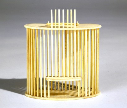 Charles LeDray's cricket cage from human bone.