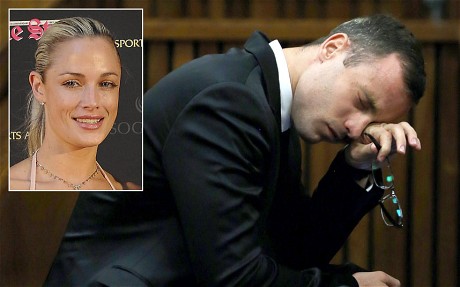South African Paralympic athlete Oscar Pistorius sits in the dock during his trial and inset his late girlfriend Reeva Steenkamp