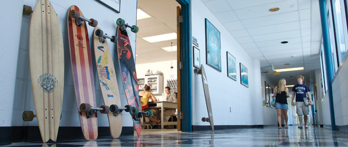 Skateboards await students in a Marine Science class