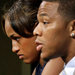 Ray Rice, accompanied by his wife, Janay, made his first public statement about his assault charges at a news conference in May.