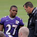 Ravens running back Ray Rice practiced at training camp on Thursday, but offensive coordinator Gary Kubiak will have to plan an offense without him for two games.