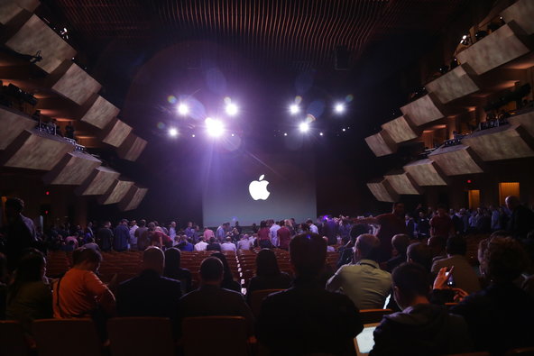 People took their seats at the Flint Center on Tuesday in Cupertino, Calif.