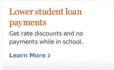 Lower student loan payments. Get rate discounts and no payments while in school. Learn more.