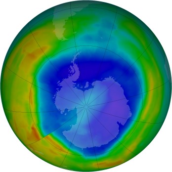 The current ozone hole over Antarctica is shown here in blue.