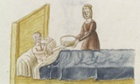 A fifteenth century illustration showing a nurse in cap and brown gown bringing a large bowl of broth to a patient who is feeding himself with a spoon.