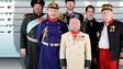 Six historical characters stand in a line-up