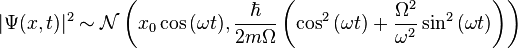 |\Psi(x,t)|^2 \sim \mathcal{N}\left( x_0 \cos{(\omega t)} , \frac{\hbar}{2 m \Omega} \left( \cos^2{(\omega t)} + \frac{\Omega^2}{\omega^2} \sin^2{(\omega t)} \right)\right)