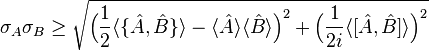 
\sigma_{A}\sigma_{B} \geq \sqrt{\Big(\frac{1}{2}\langle\{\hat{A},\hat{B}\}\rangle - \langle \hat{A} \rangle\langle \hat{B}\rangle\Big)^{2}+ \Big(\frac{1}{2i}\langle[\hat{A},\hat{B}]\rangle\Big)^{2}}\,
