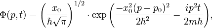 \Phi(p,t) = \left(\frac{x_0}{\hbar \sqrt{\pi}} \right)^{1/2} \cdot \exp{\left(\frac{-x_0^2 (p-p_0)^2}{2\hbar^2}-\frac{ip^2 t}{2m\hbar}\right)},