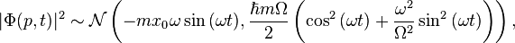 |\Phi(p,t)|^2 \sim \mathcal{N}\left( -m x_0 \omega \sin{(\omega t)} , \frac{\hbar m \Omega}{2} \left( \cos^2{(\omega t)} + \frac{\omega^2}{\Omega^2} \sin^2{(\omega t)} \right)\right),