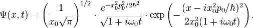 \Psi(x,t) = \left(\frac{1}{x_0 \sqrt{\pi}} \right)^{1/2} \cdot \frac{e^{-x_0^2 p_0^2 /2\hbar^2}}{\sqrt{1+i\omega_0 t}} \cdot \exp{\left(-\frac{(x-ix_0^2 p_0/\hbar)^2}{2x_0^2 (1+i\omega_0 t)}\right)}.