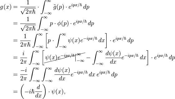 \begin{align} g(x) &= \frac{1}{\sqrt{2 \pi \hbar}} \cdot \int_{-\infty}^{\infty} \tilde{g}(p) \cdot e^{ipx/\hbar} \, dp \\
&= \frac{1}{\sqrt{2 \pi \hbar}} \int_{-\infty}^{\infty} p \cdot \phi(p) \cdot e^{ipx/\hbar} \, dp \\
&= \frac{1}{2 \pi \hbar} \int_{-\infty}^{\infty} \left[ p \cdot \int_{-\infty}^{\infty} \psi(x) e^{-ipx/\hbar} \, dx \right] \cdot e^{ipx/\hbar} \, dp \\
&= \frac{i}{2 \pi} \int_{-\infty}^{\infty} \left[ \cancel{ \left. \psi(x) e^{-ipx/\hbar} \right|_{-\infty}^{\infty} } - \int_{-\infty}^{\infty} \frac{d\psi(x)}{dx} e^{-ipx/\hbar} \, dx \right] \cdot e^{ipx/\hbar} \, dp \\
&= \frac{-i}{2 \pi} \int_{-\infty}^{\infty} \int_{-\infty}^{\infty} \frac{d\psi(x)}{dx} e^{-ipx/\hbar} \, dx \, e^{ipx/\hbar} \, dp \\
&= \left( -i \hbar \frac{d}{dx} \right) \cdot \psi(x) ,\end{align}