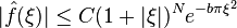 |\hat{f}(\xi)|\leq C(1+|\xi|)^Ne^{-b\pi \xi^2}