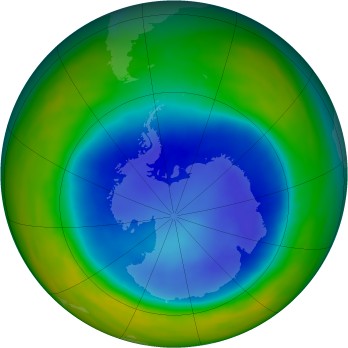 The false-color view of the monthly-averaged total ozone over the Antarctic pole. The blue and purple colors are where
         there is the least ozone, and the yellows and reds are where there is more ozone. Photo by NASA. 