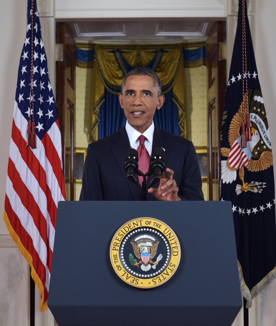 US President Barack Obama delivers a prime time address from the Cross Hall of the White House on Sept. 10, 2014 in Washington.