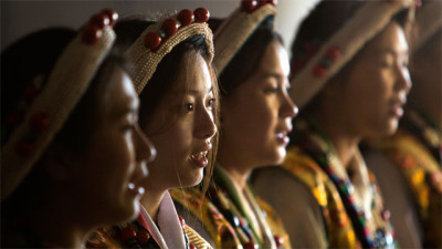 Girls at the Tibetan Community Center in Richmond, California, practice a song called "Galway Tenshu," which is performed only for the Dalai Lama. They will sing it for him when he visits Berkeley on February 23.