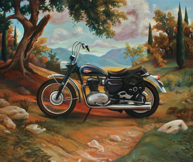 Motorcycle in Landscape, a painting by Terry Rowlett