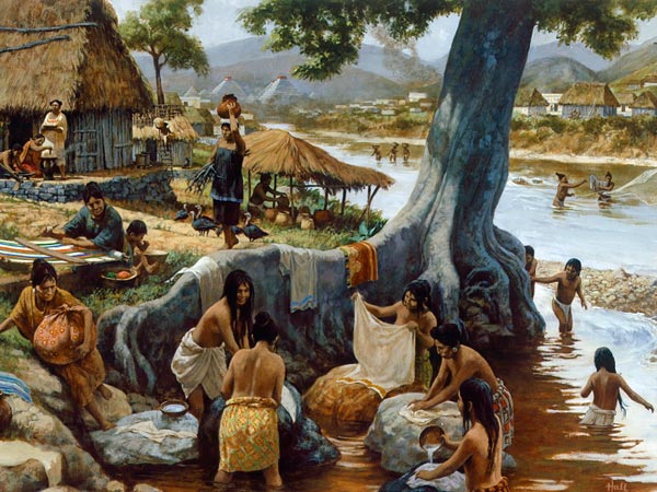 An illustration of everyday life in a Maya village.