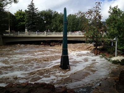 The Gilbert White flood marker during Sept 2013 flooding along Boulder Creek