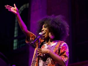 10 September 2014: Award-winning singer songwriter Laura Mvula performs at her MasterCard Priceless Gig, held at LSO St Luke's with the Metropole Orkest