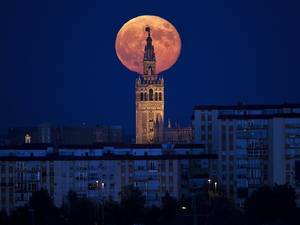 The moon rises over the Giralda, the tower of Seville's Cathedral