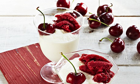 Yoghurt mousse with cherry and pomegranate granita