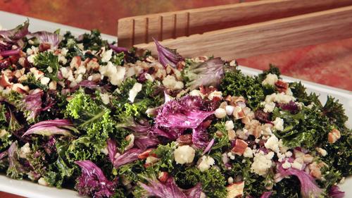 Kale salad with farro, dried fruit and blue cheese