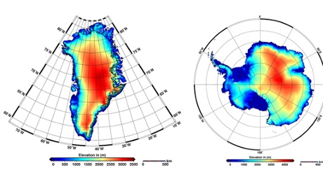 New elevation models of Antarctica  and Greenland by ESA’s CryoSat satellite New elevation models of Antarctica (right) that incorporates 61 million measurements and new elevation model of Greenland (left) that incorporates 7.5 million measurements from ESA’s CryoSat satellite collected throughout 2012. 