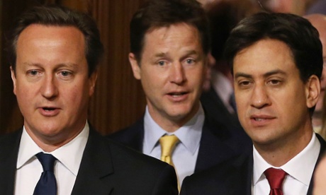 David Cameron with Nick Clegg and Ed Miliband. The prime minister said Scotland voting to break up the United Kingdom would be a leap into the dark.