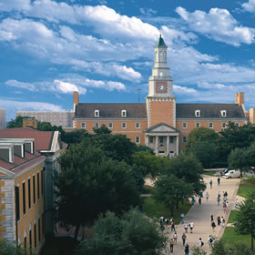 Aerial photo of University plaza in front of Hurley Administration Building