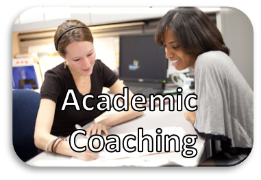 Two women looking at study materials with Academic Coaching written on the photo.