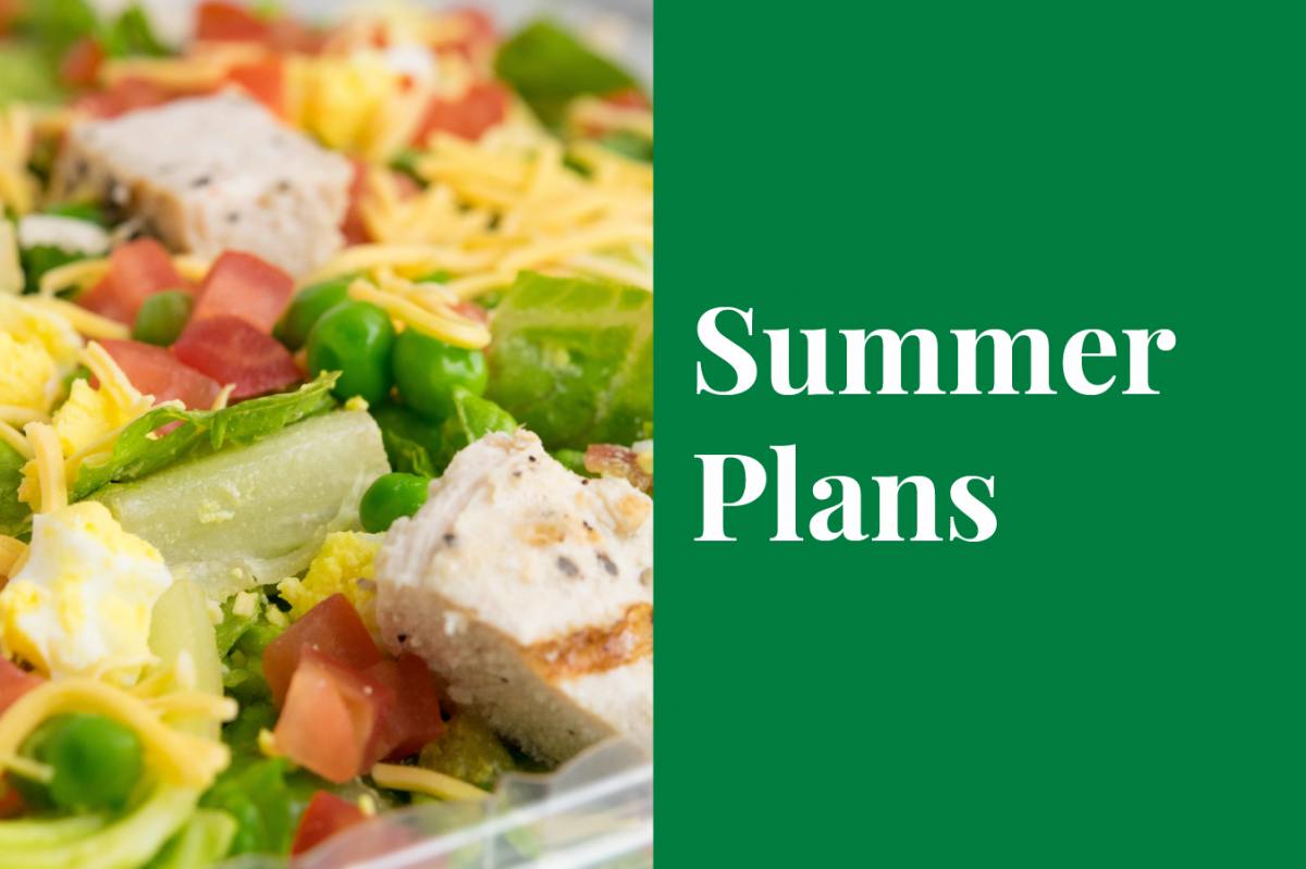 Summer Plans Link. Image features a salad with lettuce, green peas, chicken cubes, diced tomato, boiled egg, and shredded cheese.