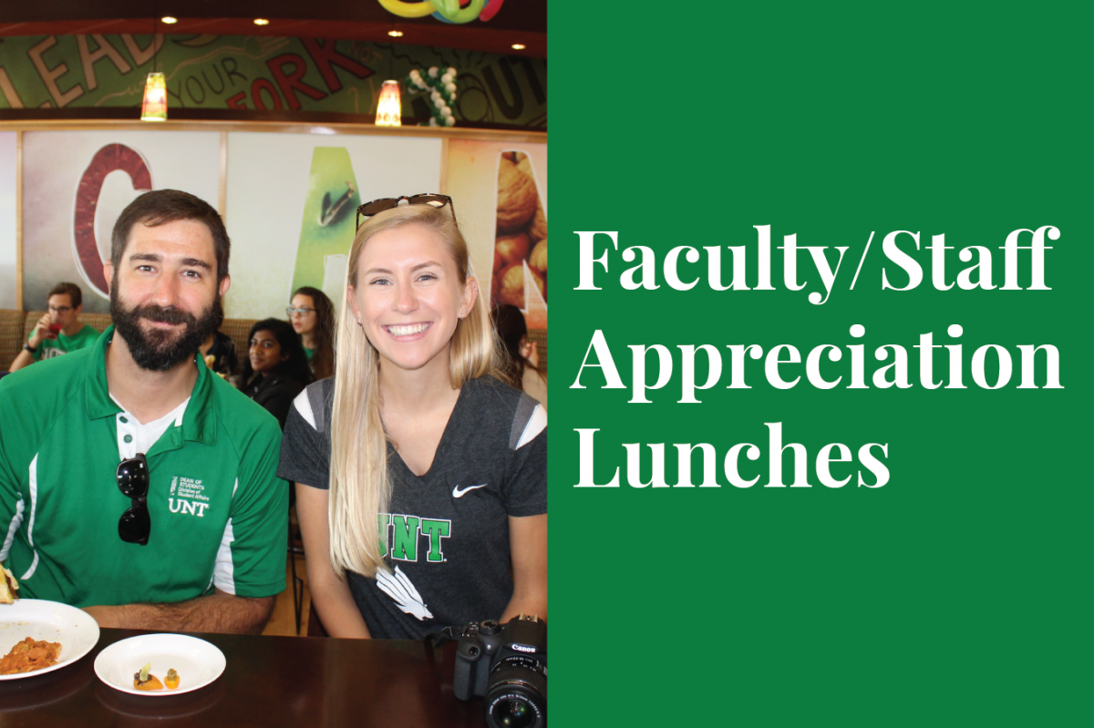 Staff Appreciation Lunches Link. Image features two faculty members enjoying lunch at Mean Greens Cafe.