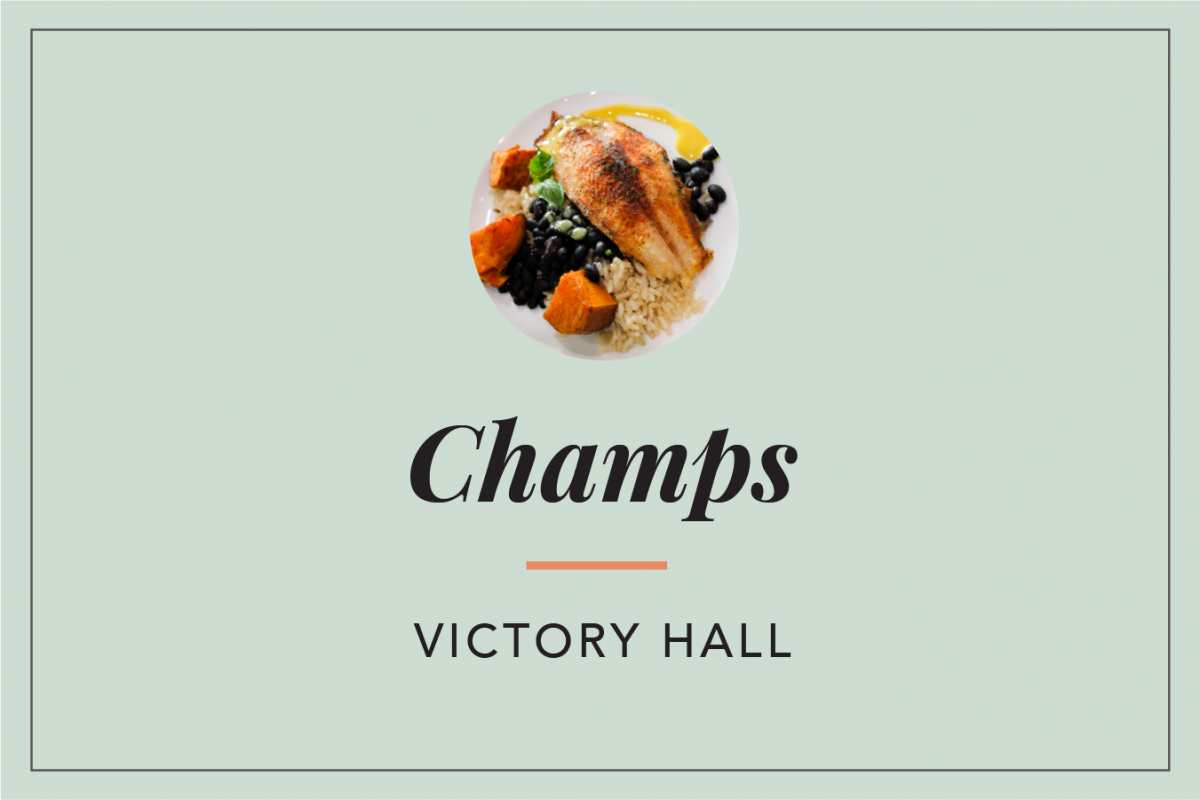 Champs Link. Image features seared tilapia, black beans, rice and sweet potatoes.