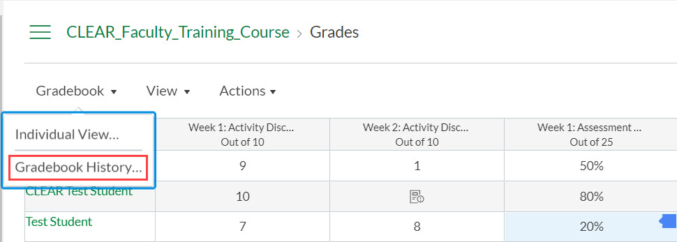 Gradebook dropdown menu 