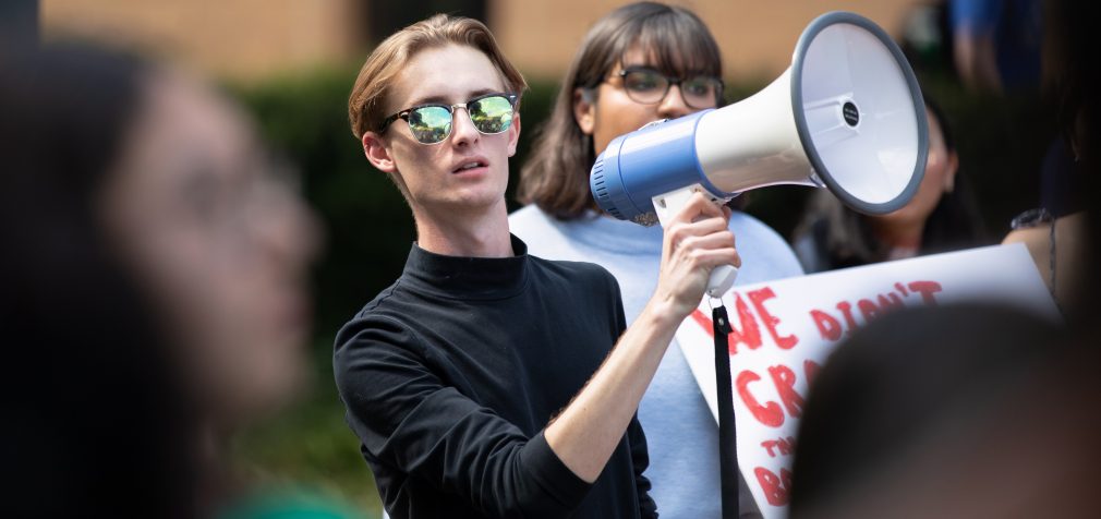 Students protest ICE at the UNT Library Mall on Wednesday