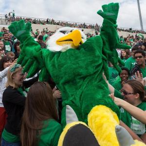 UNT mascot Scrappy crowd surfing at a football game