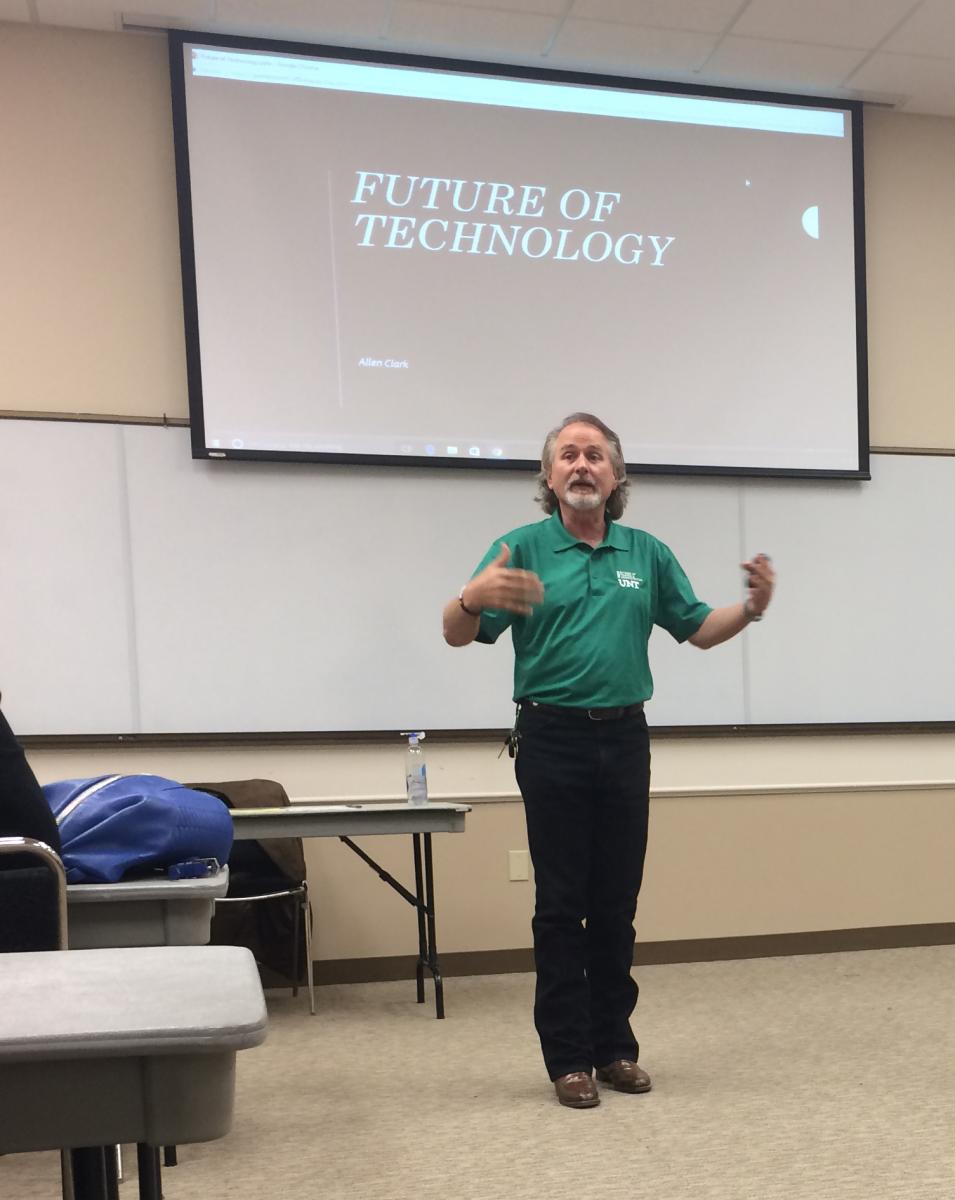 Dr. Allen Clark presenting a class about the future of technology, May 24, 2017.