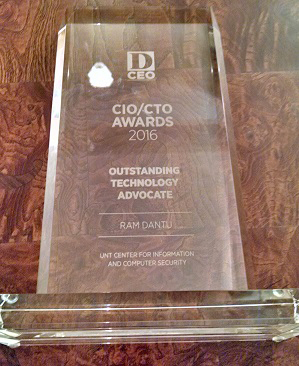 Photo of Dr. Ram Dantu's award from D CEO for Outstanding Technology Advocate