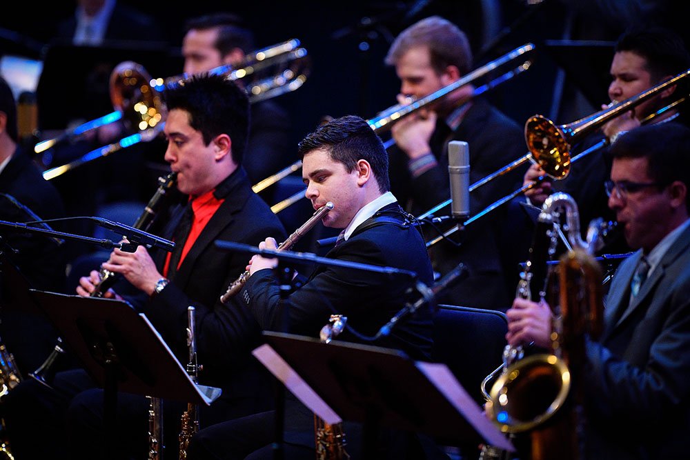 Photo of UNT One O’Clock Lab Band members during a recent performance.