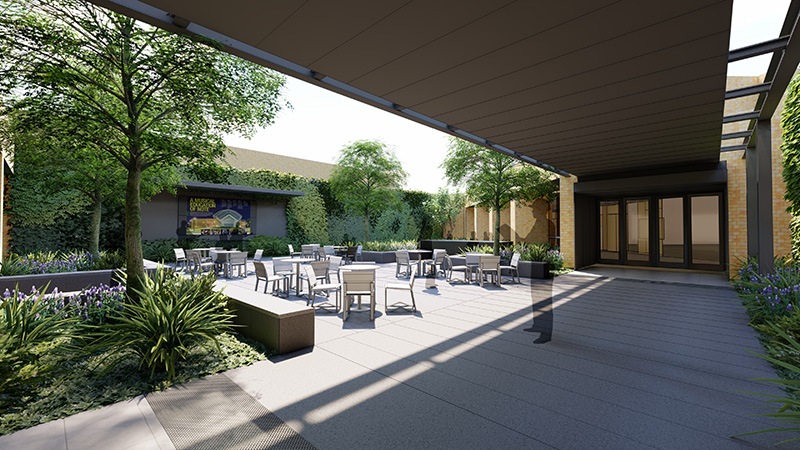 UNT College of music courtyard conceptual image - seating areas and greenary feature