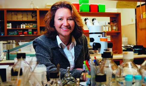 Dr. Pamela Padilla. Assistant Professor of Biological Sciences in laboratory.