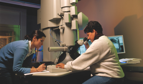 Student researchers use electron microscope.