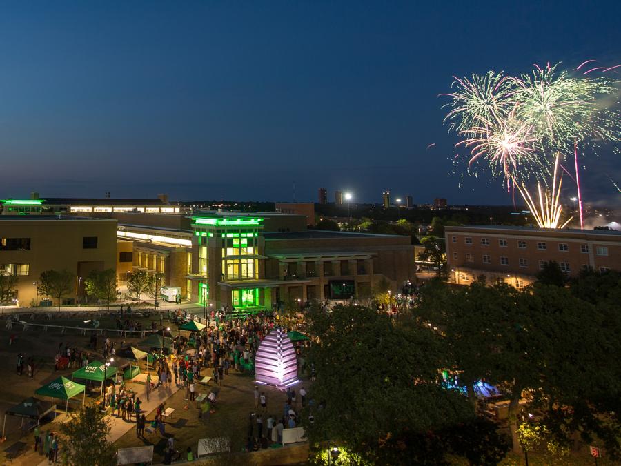 <p>Block Party on UNT campus with fireworks</p>
