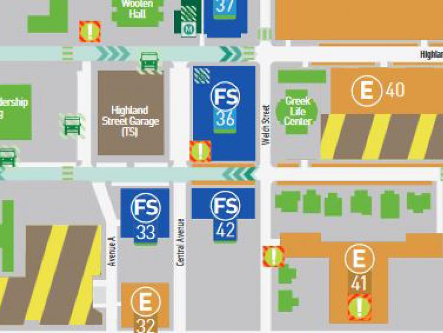 <p>Portion of UNT campus map showing construction zones</p>
