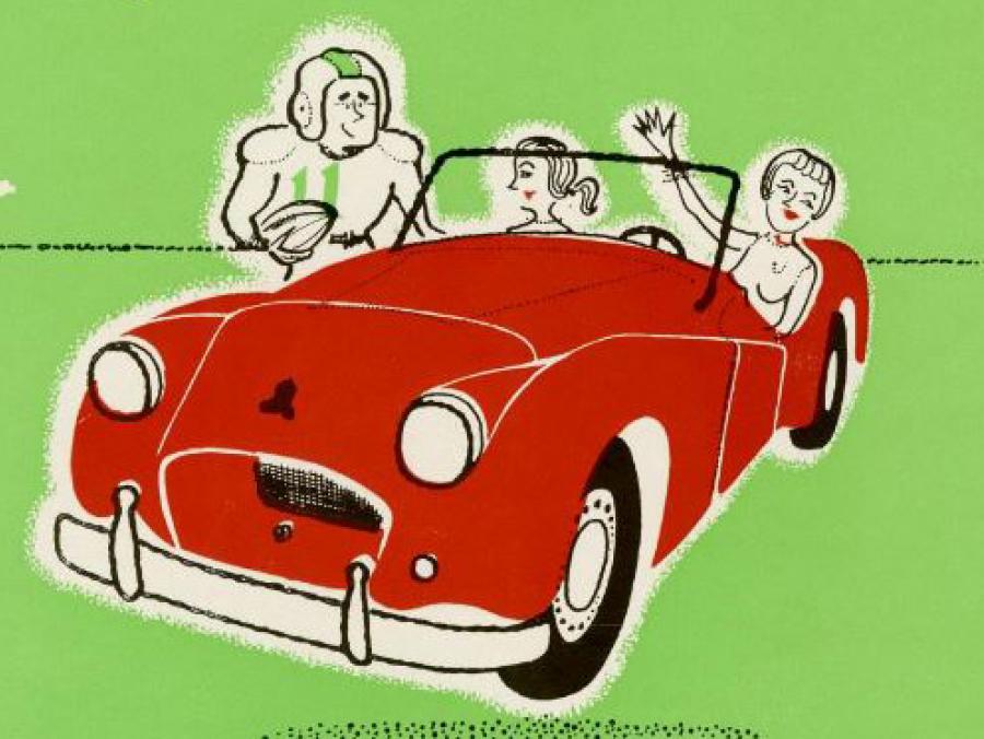 <p>Illustration from 1956 yearbook of two women in a car next to a football player</p>
